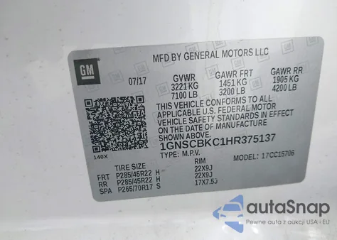 2017 Chevrolet Tahoe Lt z USA, uszkodzony, nr VIN 1GNSCBKC1HR375137